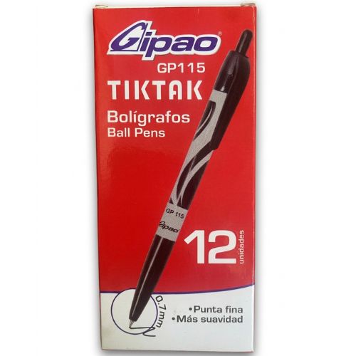 Caja X 12 Lapicero Retráctil 0.7mm TikTak GP115- Negro