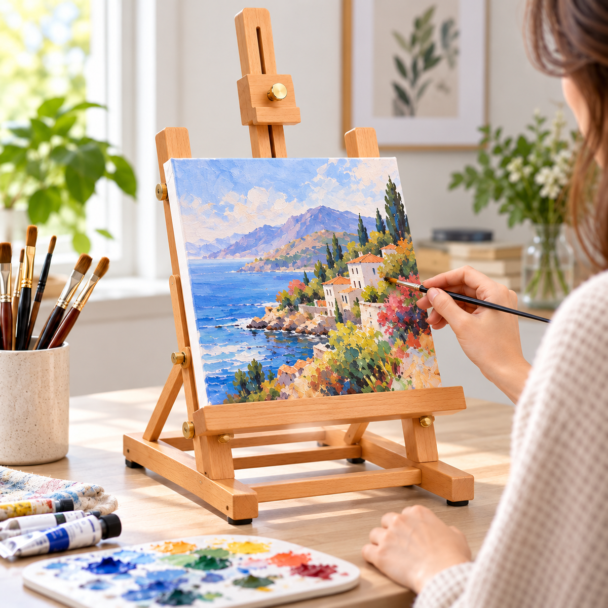 Ejemplo ilustrativo de uso de un caballete académico de mesa de madera durante pintura.