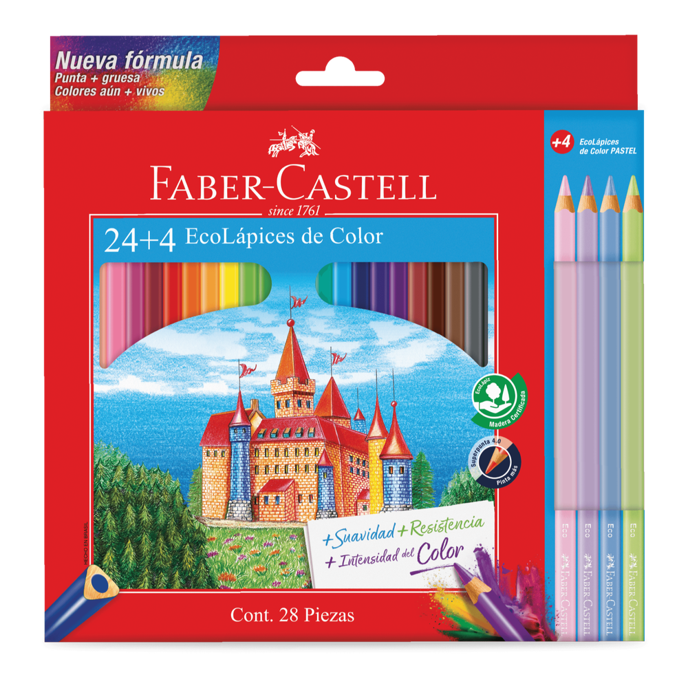 Colores Faber-Castell x 24 + 4 pastel, mina 4 mm, ref. 116119 sobre fondo blanco