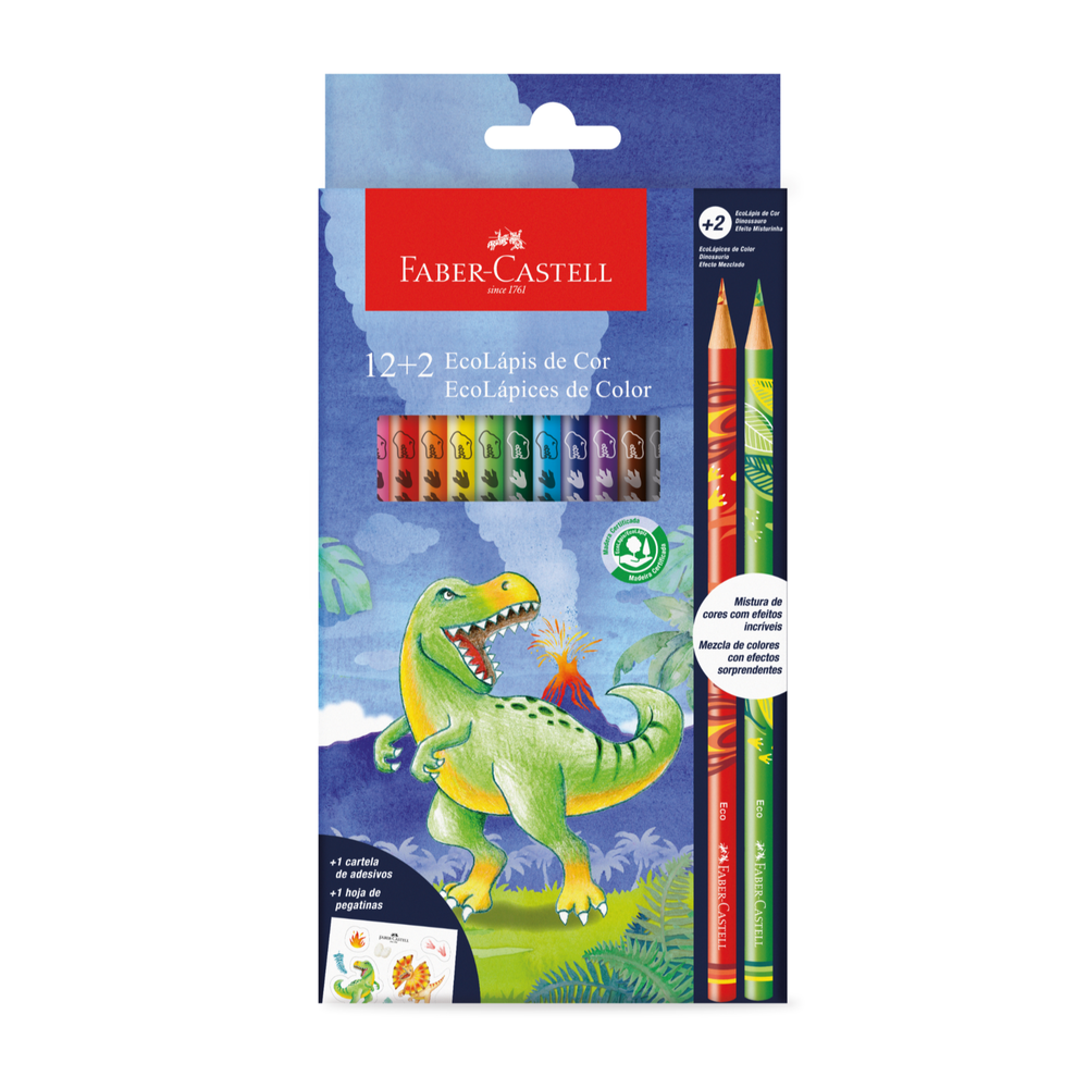 Colores Faber-Castell Dinosaurio x 12 + 2 multicolor, ref. 692812 sobre fondo blanco