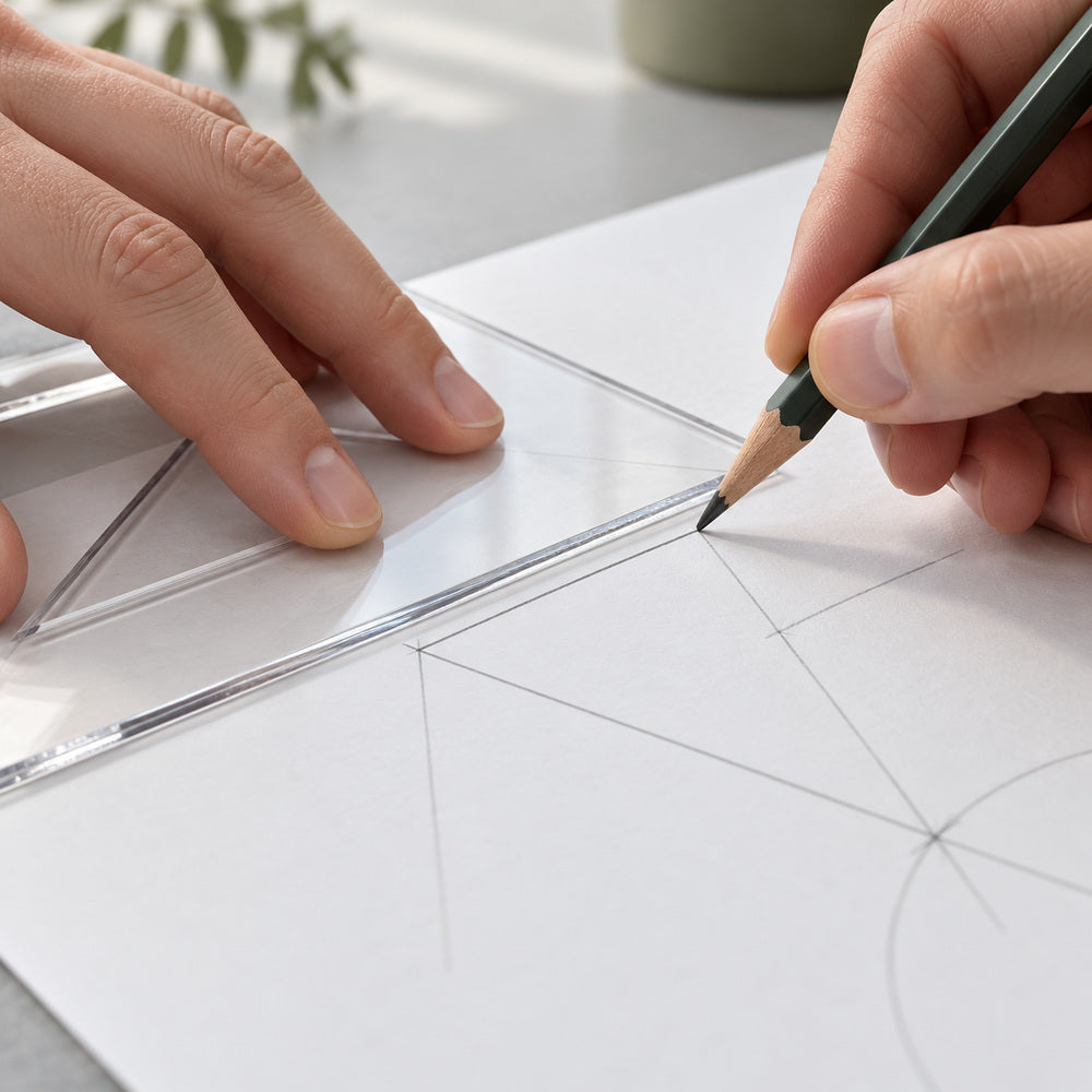 Ejemplo ilustrativo de uso de Escuadra Transportador Faber-Castell 993N, creado con IA. Accesorios de la escena no incluidos.