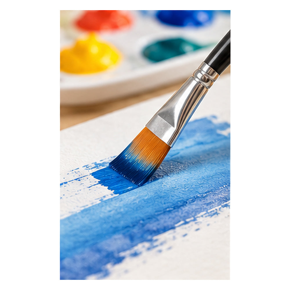 Ejemplo ilustrativo de trabajo con pintura acrílica: aplicación de color con pincel, una actividad compatible con el uso de un retardante de secado. Escena generada por IA; no es fotografía del envase ni prueba de rendimiento. Pintura, pincel y soporte no incluidos.