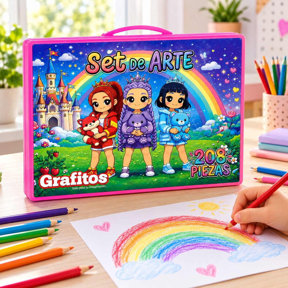 Escena ilustrativa de dibujo junto al set de arte Grafitos rosado de 208 piezas