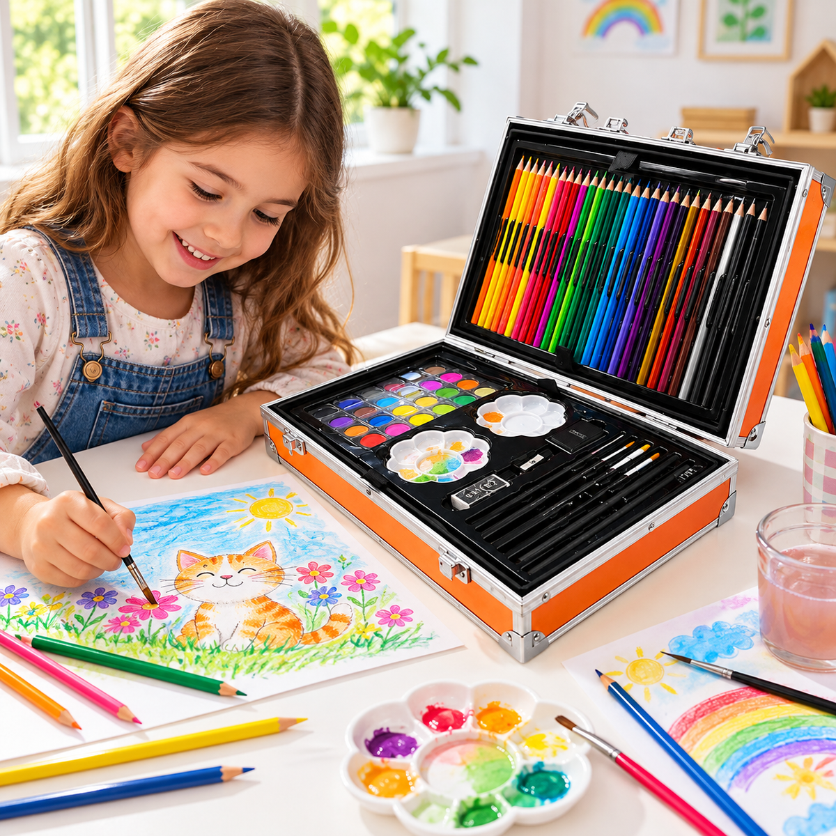 Ejemplo ilustrativo de uso del set de arte infantil Grafitos SU-370 en maleta naranja, con lápices, acuarelas, pinceles y paletas.