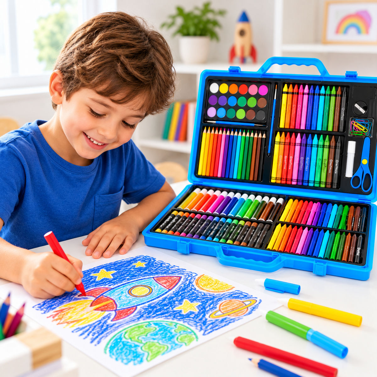 Ejemplo ilustrativo de uso del mismo tipo de set de arte infantil en maletín azul.