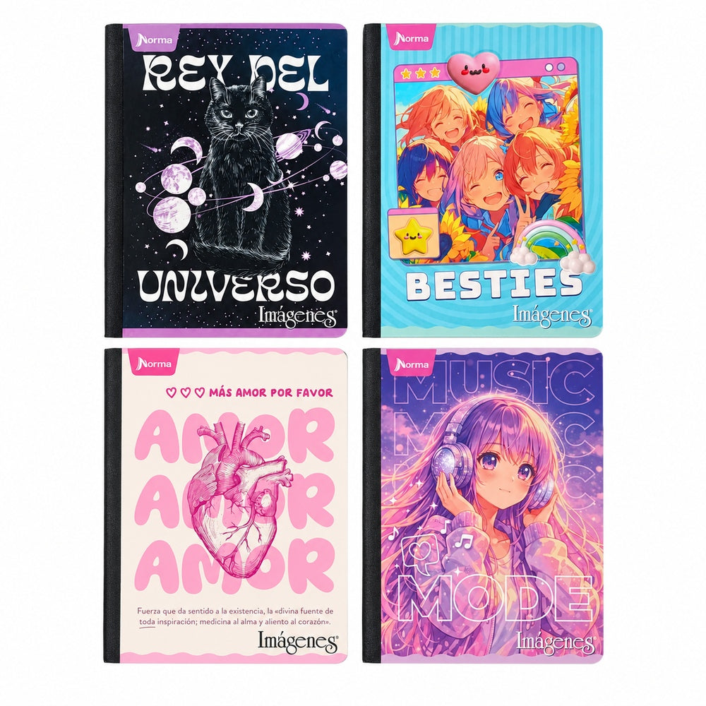 Cuaderno cosido de 100 hojas Imágenes Femenino — portadas surtidas, grupo 2; venta por unidad, diseño según disponibilidad