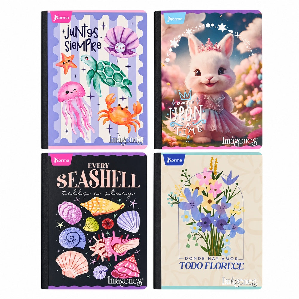 Cuaderno cosido de 100 hojas Imágenes Femenino — portadas surtidas, grupo 3; venta por unidad, diseño según disponibilidad