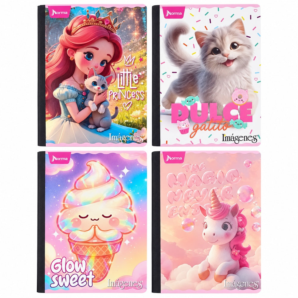 Cuaderno cosido de 100 hojas Imágenes Femenino — portadas surtidas, grupo 4; venta por unidad, diseño según disponibilidad