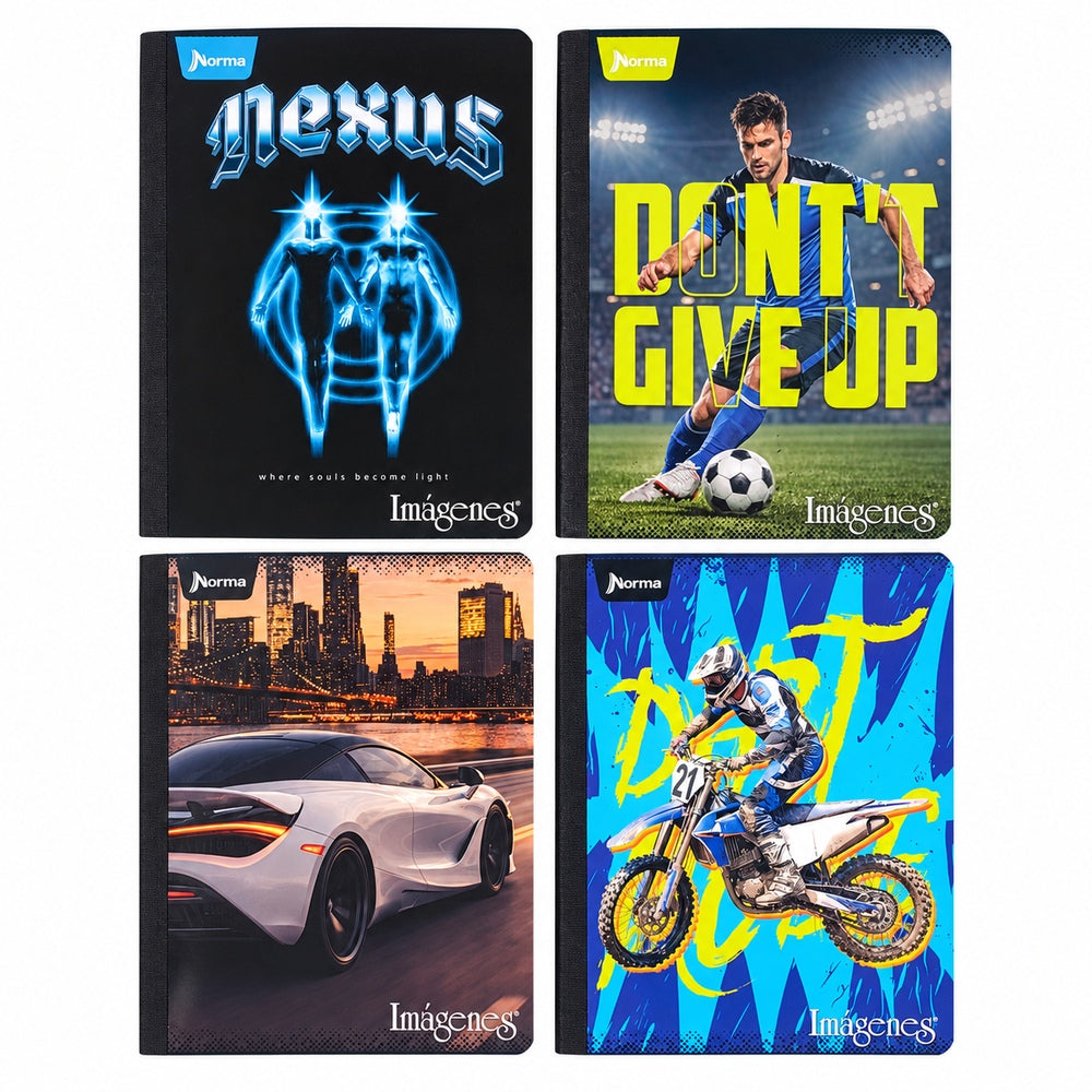 Cuaderno Imágenes Masculino de 100 hojas — portadas surtidas grupo 4, venta por unidad y diseño según disponibilidad