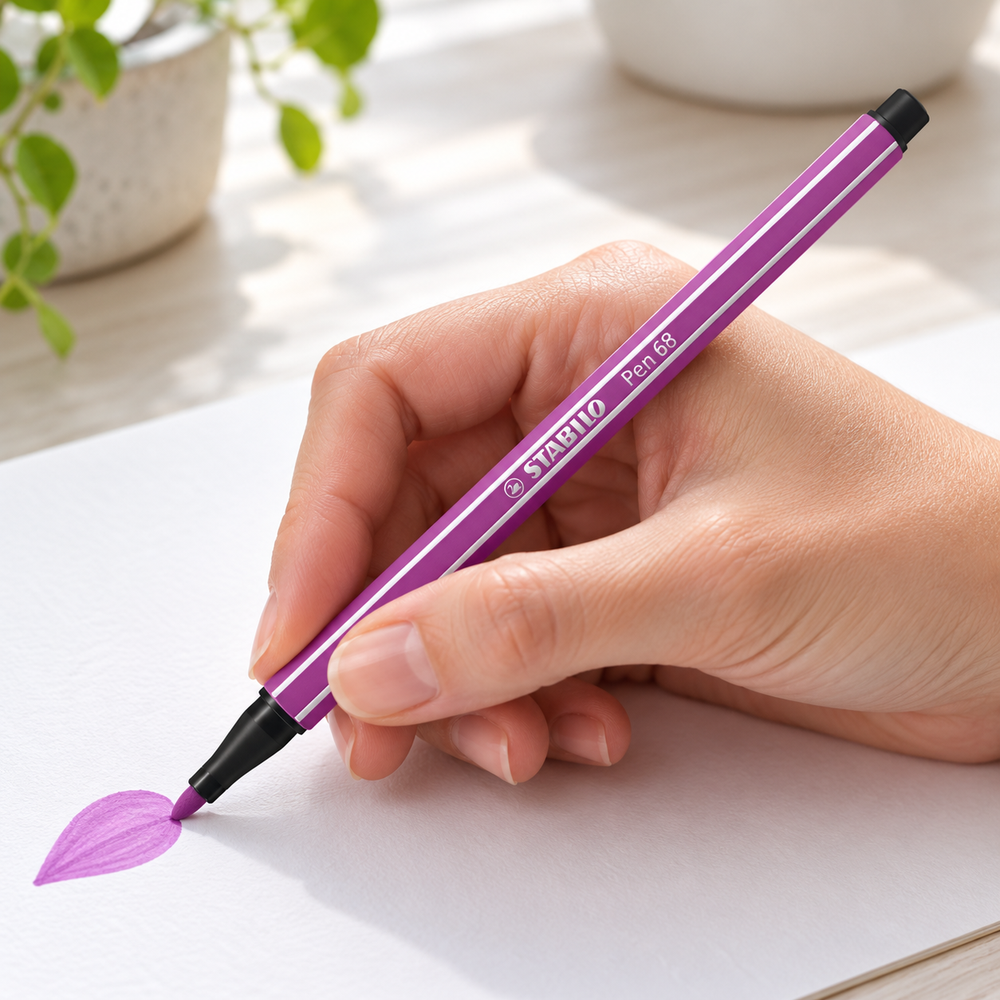 Imagen referencial generada: uso de un plumón lila del estuche STABILO Pen 68