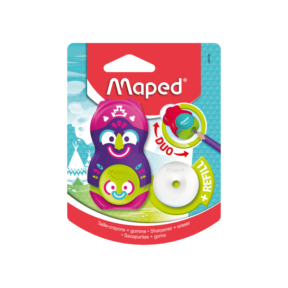 Blíster Maped Loopy Totem 049130 con sacapuntas, borrador y repuesto; diseño ilustrativo surtido