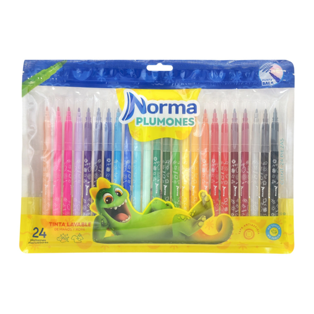 Plumones Norma de Punta Bala x24 en Bolsa. Fotografía de catálogo de www.suministroseimpresos.com, fondo blanco. SKU 11137-9.