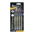 Bolígrafos de Gel Norma Retráctiles 0,7 mm x4 Negros. Fotografía de catálogo de www.farmatodo.com.co, fondo blanco. SKU 11140-4.