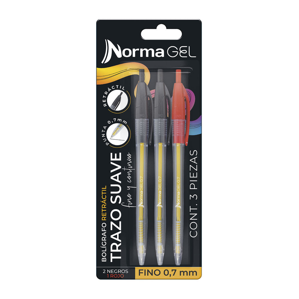 Bolígrafos de Gel Norma Retráctiles 0,7 mm x3, 2 Negros y 1 Rojo. Fotografía de catálogo de www.panamericana.com.co, fondo blanco. SKU 11140-5.