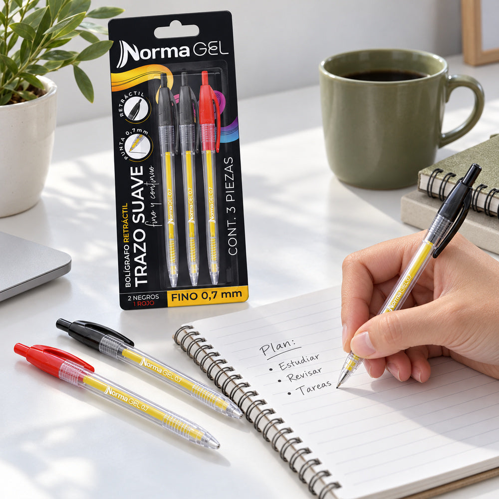 Ejemplo de uso ilustrativo generado con IA de Bolígrafos de Gel Norma Retráctiles 0,7 mm x3, 2 Negros y 1 Rojo. SKU 11140-5. Se muestra la presentación y una demostración de uso; los accesorios de la escena no están incluidos.