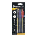 Bolígrafos de Gel Norma Retráctiles 0,7 mm x3 Negro, Azul y Rojo. Fotografía de catálogo de www.panamericana.com.co, fondo blanco. SKU 11140-6.