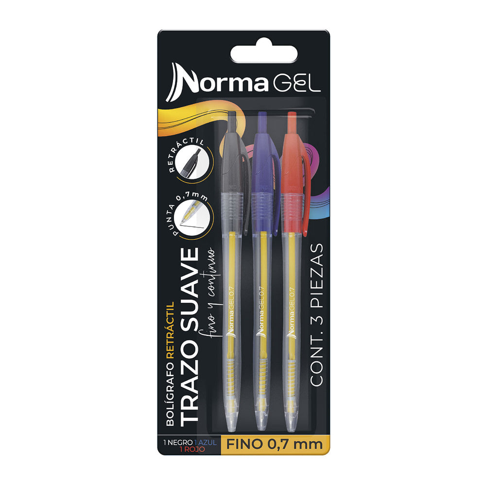 Bolígrafos de Gel Norma Retráctiles 0,7 mm x3 Negro, Azul y Rojo. Fotografía de catálogo de www.panamericana.com.co, fondo blanco. SKU 11140-6.