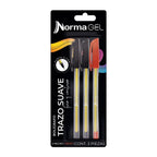 Bolígrafos de Gel Norma con Tapa 0,7 mm x3, 2 Negros y 1 Rojo. Fotografía de catálogo de www.carulla.com, fondo blanco. SKU 11141-7.