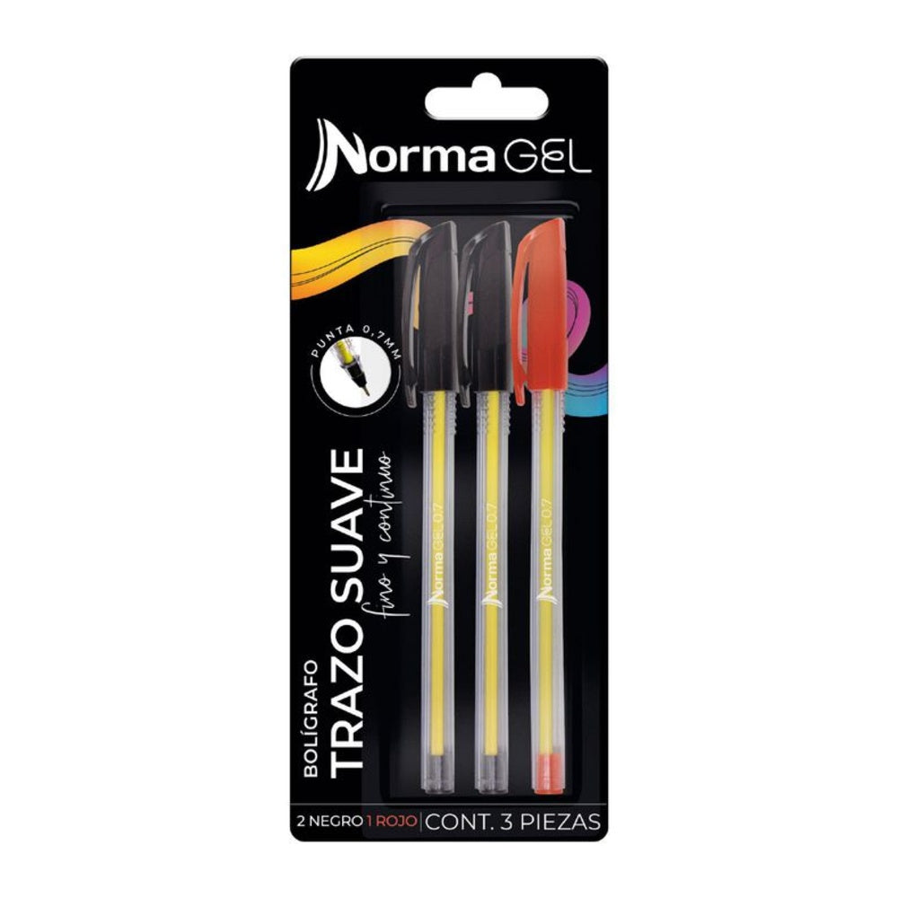 Bolígrafos de Gel Norma con Tapa 0,7 mm x3, 2 Negros y 1 Rojo. Fotografía de catálogo de www.carulla.com, fondo blanco. SKU 11141-7.