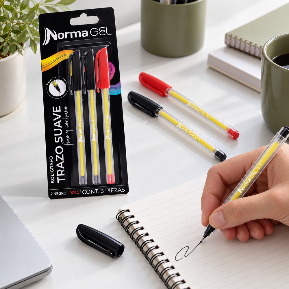 Ejemplo de uso ilustrativo generado con IA de Bolígrafos de Gel Norma con Tapa 0,7 mm x3, 2 Negros y 1 Rojo. SKU 11141-7. Se muestra la presentación y una demostración de uso; los accesorios de la escena no están incluidos.