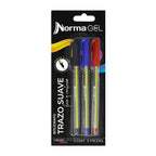 Bolígrafos de Gel Norma con Tapa 0,7 mm x3 Negro, Azul y Rojo. Fotografía de catálogo de www.ofix.mx, fondo blanco. SKU 11141-8.