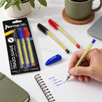 Ejemplo de uso ilustrativo generado con IA de Bolígrafos de Gel Norma con Tapa 0,7 mm x3 Negro, Azul y Rojo. SKU 11141-8. Se muestra la presentación y una demostración de uso; los accesorios de la escena no están incluidos.