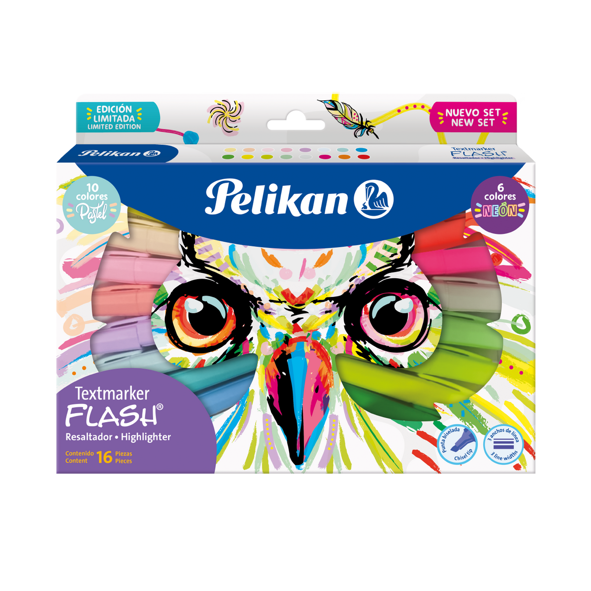 Set Pelikan Flash Búho de 16 resaltadores: 10 colores pastel y 6 neón