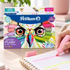 Aplicación ilustrativa del producto Resaltadores Pelikan Flash Búho x 16, pastel y neón