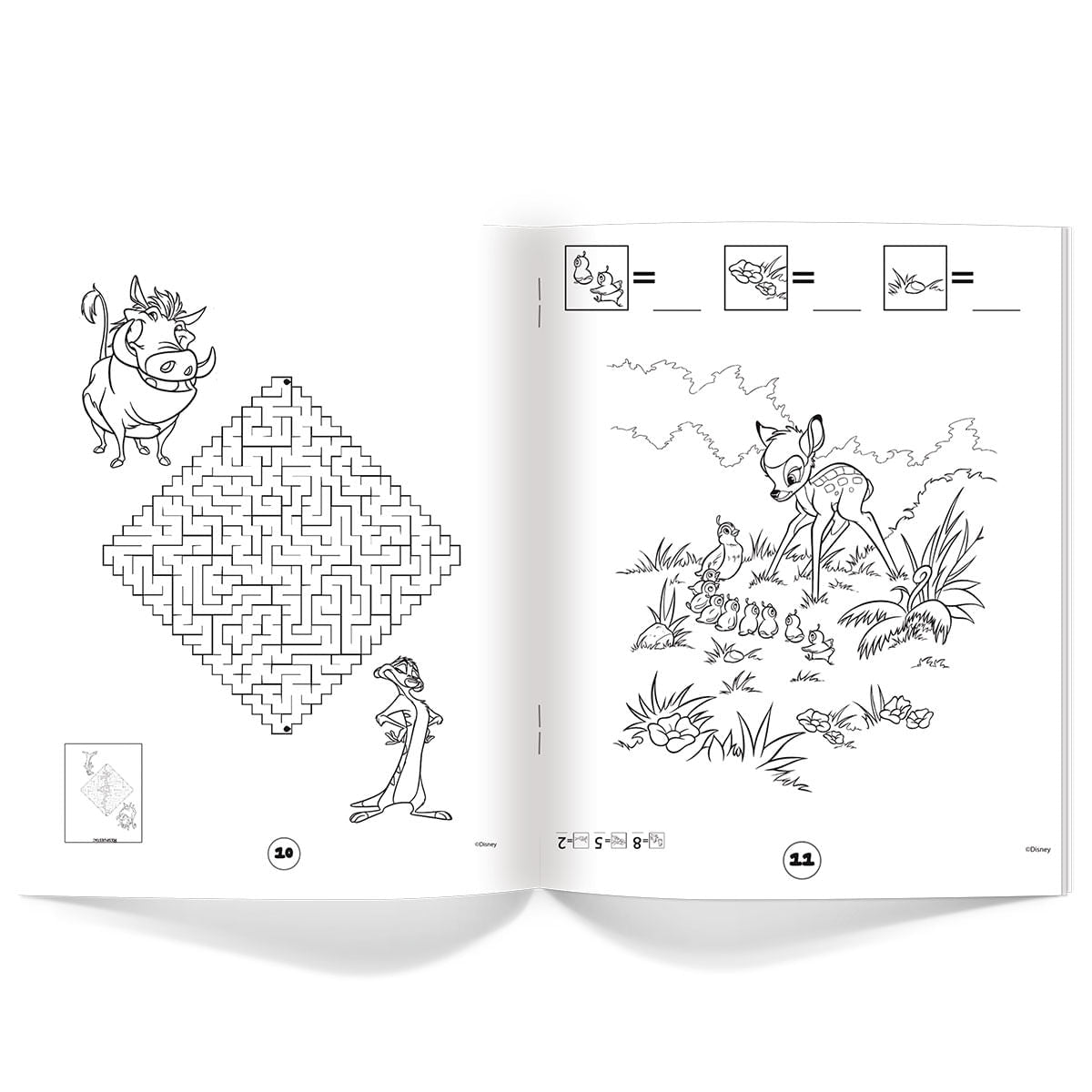 Interior oficial del Libro Pasatiempos Disney Primavera: laberinto de Timón y Pumba y actividad de conteo con Bambi