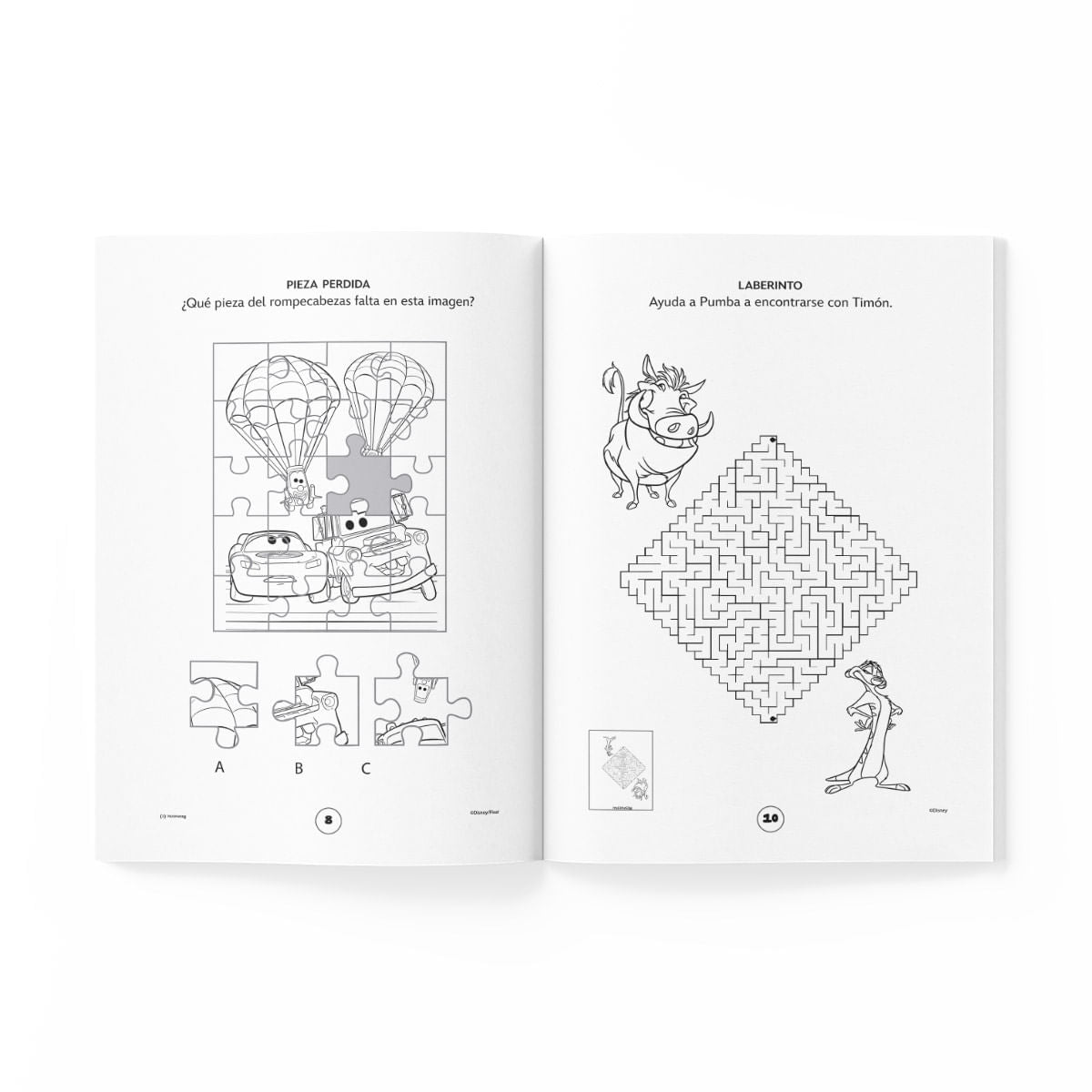 Interior oficial del Libro Pasatiempos Disney Primavera: pieza perdida de Cars y laberinto de Timón y Pumba