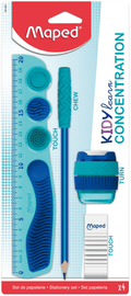 Kit Maped Kidy Learn Concentration referencia 981889, empaque con regla, lápiz, sacapuntas y borrador