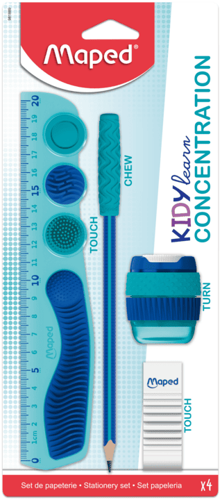 Kit Maped Kidy Learn Concentration referencia 981889, empaque con regla, lápiz, sacapuntas y borrador