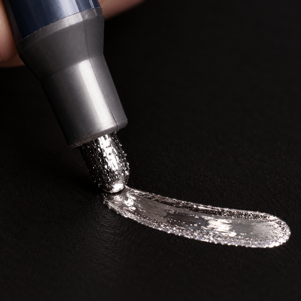 Imagen referencial de uso generada: Marcador Faber-Castell Shake & Paint plata cromo doble punta x1