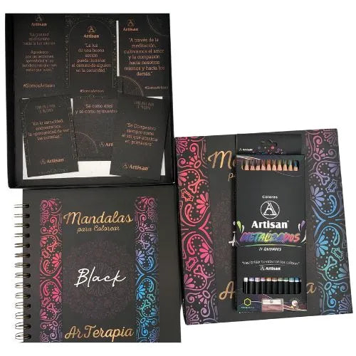 Libro de Mándalas mas caja de colores, marca Artisan - Black + Metalizados