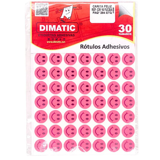 rotulos autoadhesivos circulares - 16mm Dimatic Carita Feliz Fucsia