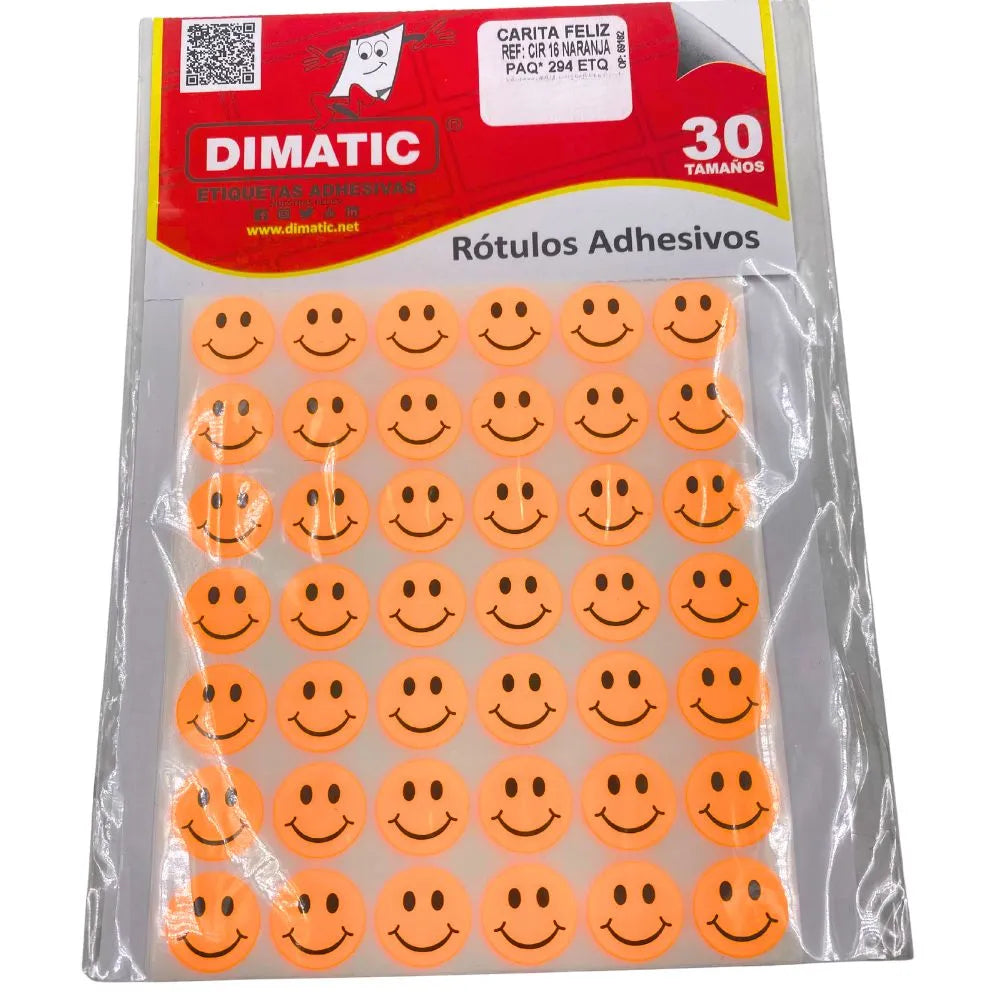 rotulos autoadhesivos circulares - 16mm Dimatic Carita Feliz Naranja