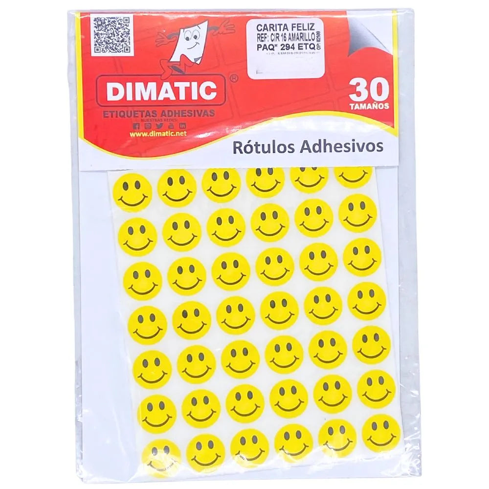 rotulos autoadhesivos circulares - 16mm Dimatic Carita Feliz Amarillo