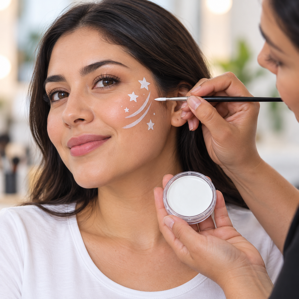 Ejemplo ilustrativo de uso de pintucaritas blanco en maquillaje artístico. Escena generada con IA; pincel no incluido.