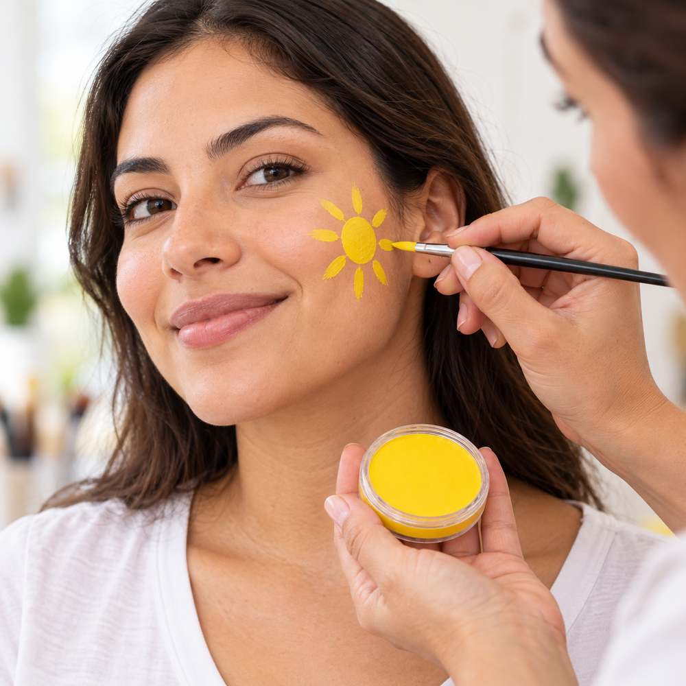 Ejemplo ilustrativo de uso de pintucaritas amarillo en maquillaje artístico. Escena generada con IA; pincel no incluido.
