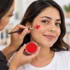 Ejemplo ilustrativo de uso de pintucaritas rojo en maquillaje artístico. Escena generada con IA; pincel no incluido.