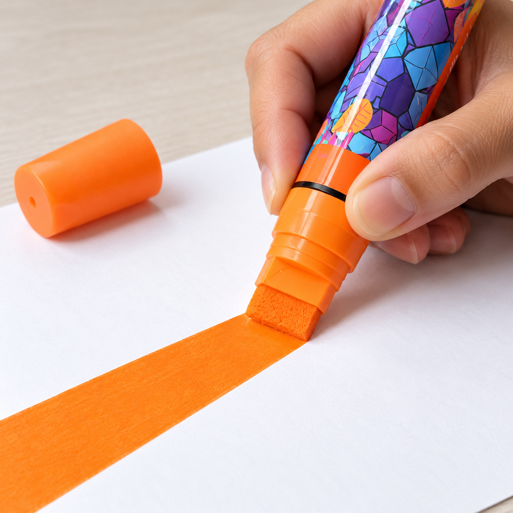 Imagen referencial generada: uso del marcador naranja de punta plana