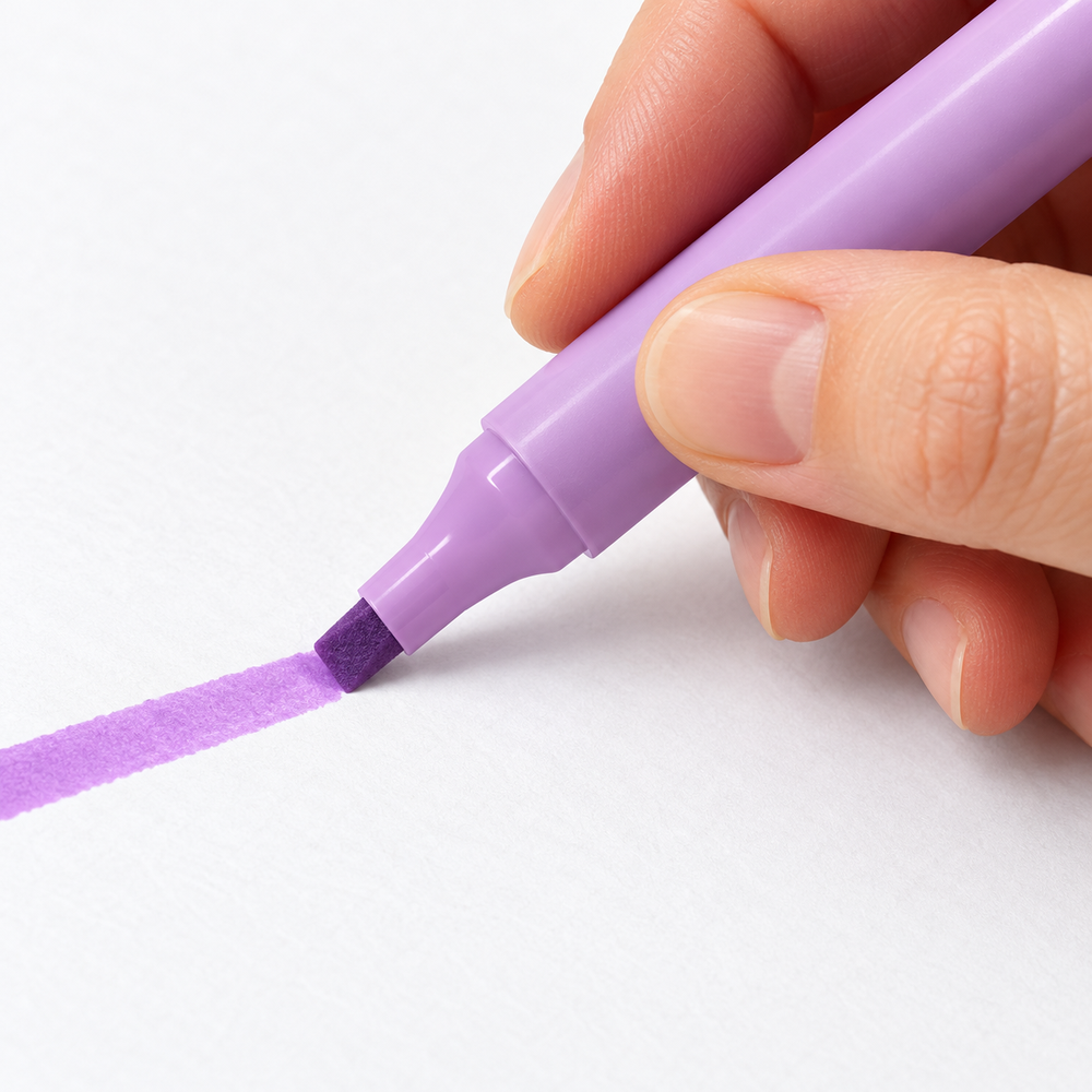 Imagen referencial generada: uso del marcador lila Pelikan sobre papel