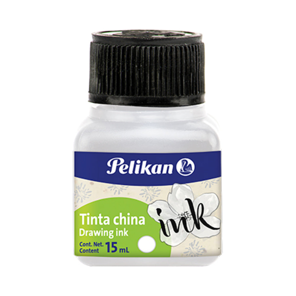 Tinta China Pelikan Blanca Frasco 15 cc. Fotografía oficial del fabricante, presentación individual sobre fondo blanco.