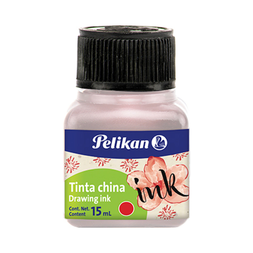 Tinta China Pelikan Roja Frasco 15 cc. Fotografía oficial del fabricante, presentación individual sobre fondo blanco.