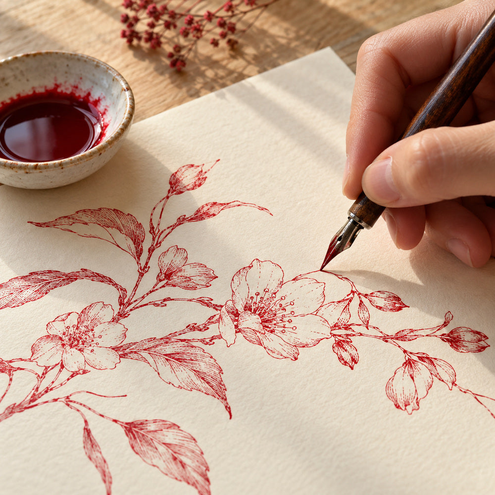 Tinta China Pelikan Roja Frasco 15 cc. Ejemplo ilustrativo de uso generado por IA; accesorios de la escena no incluidos.