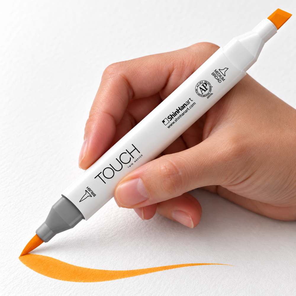 ShinHan TOUCH TWIN BRUSH YR24 MARIGOLD - uso. Imagen referencial generada.