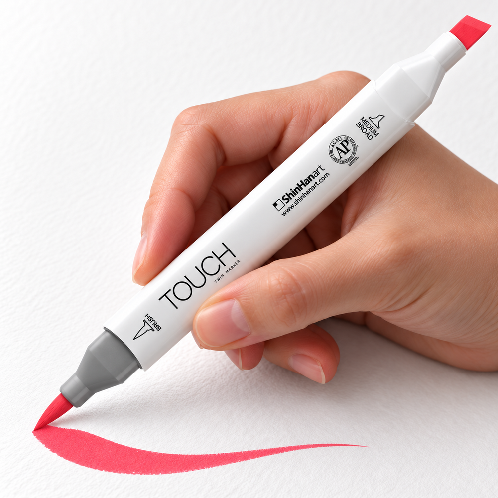 ShinHan TOUCH TWIN BRUSH F121 FLUORESCENT CORAL RED - uso. Imagen referencial generada.