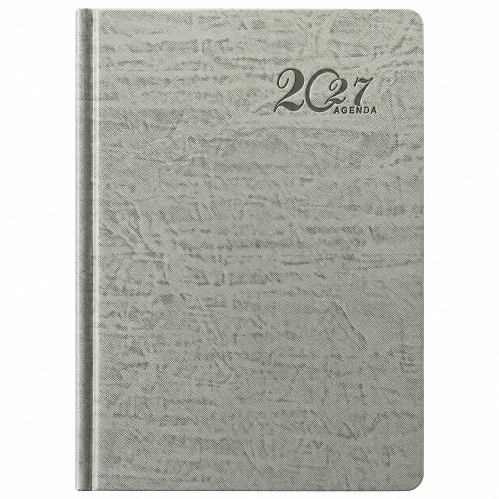 Agenda Diver Class DC/62 2027, SKU 40092-1: cubierta gris pastel con relieve y texto 2027 AGENDA. Fotografía retocada sobre blanco sin envoltorio.
