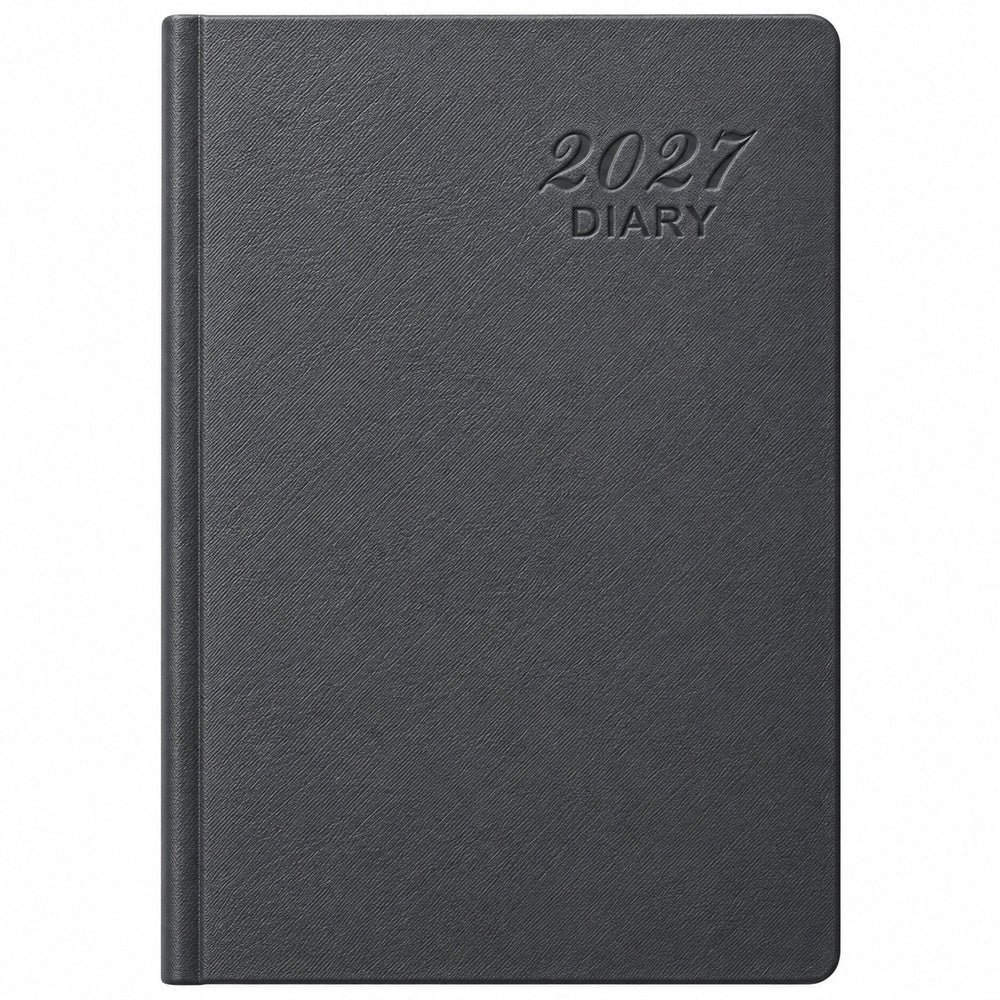 Agenda Diver Class DC/63 2027, SKU 40092-2: cubierta gris oscuro clásica con inscripción 2027 DIARY. Fotografía retocada sobre blanco sin envoltorio.