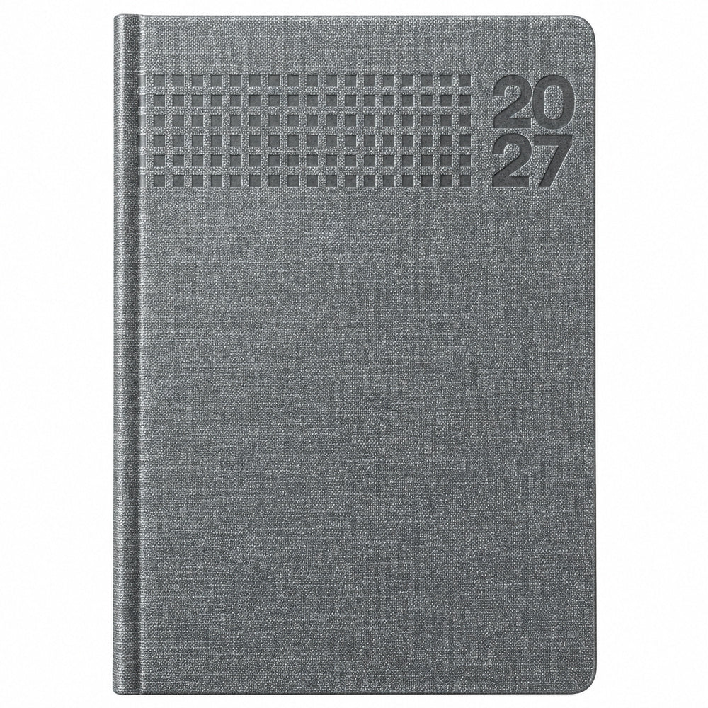 Agenda Diver Class DC/64 2027, SKU 40092-3: cubierta gris con textura, seis filas de cuadrados y año 20/27. Fotografía retocada sobre blanco sin envoltorio.